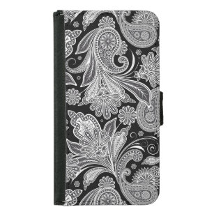 Black & White Floral Vintage Paisley Pattern Samsung Galaxy S5 Wallet Case