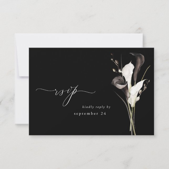 Black & White Floral w Meal RSVP 2 Black Card (Front)