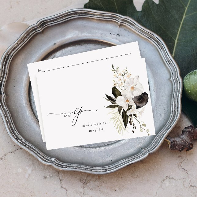 Black & White Floral w Meal RSVP 5 Card (Creator Uploaded)