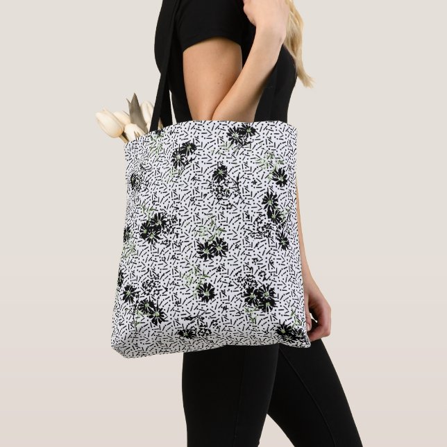 Black White Floral Wallpaper Dark Elegant Design Tote Bag (Close Up)