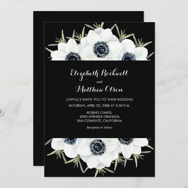 Black White Floral Wedding All In One Invites (Front/Back)