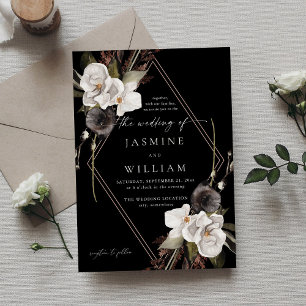 Black & White Floral Wedding B- Black Invitation