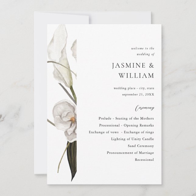 Black & White Floral Wedding Ceremony Program 2 (Front)