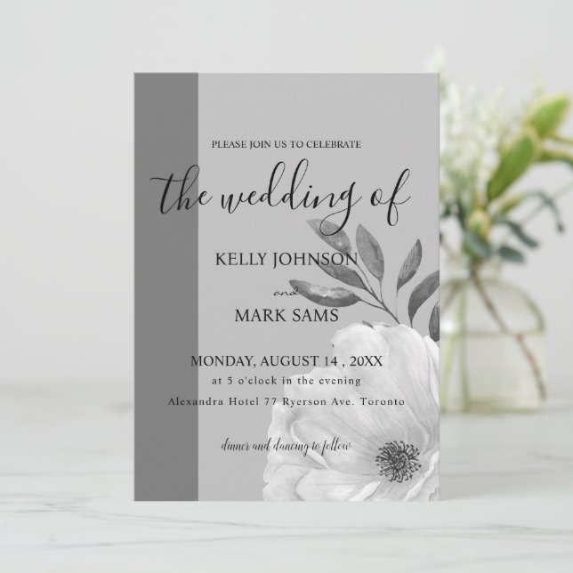 black & white floral wedding invitation (Standing Front)