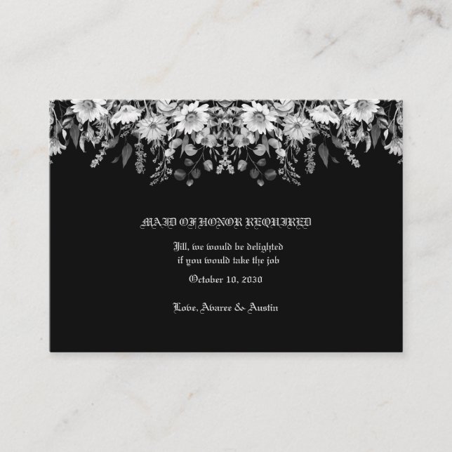 Black White Floral Wedding Maid of Honour Enclosure Card (Front)