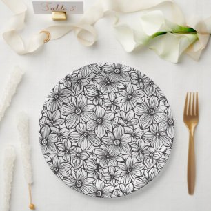 Black White Floral Wedding Paper Plate