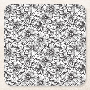 Black White Floral Wedding Square Paper Coaster
