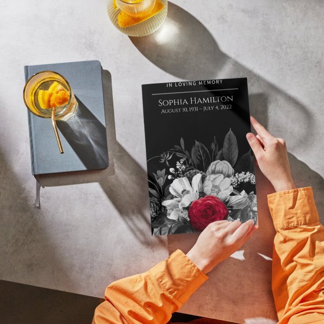 Black & White Floral with Pop of Red Funeral Program (Creator Uploaded)