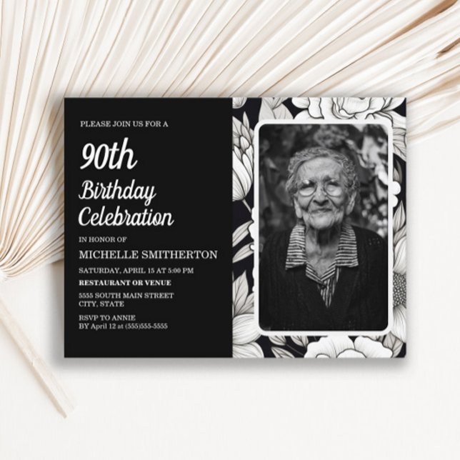 Black White Floral Women's Photo 90th Birthday Invitation Postcard (Black and white 90th birthday photo invitation)
