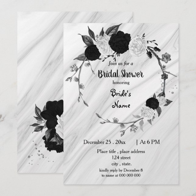 Black & white floral wreath bridal shower invitation (Front/Back)