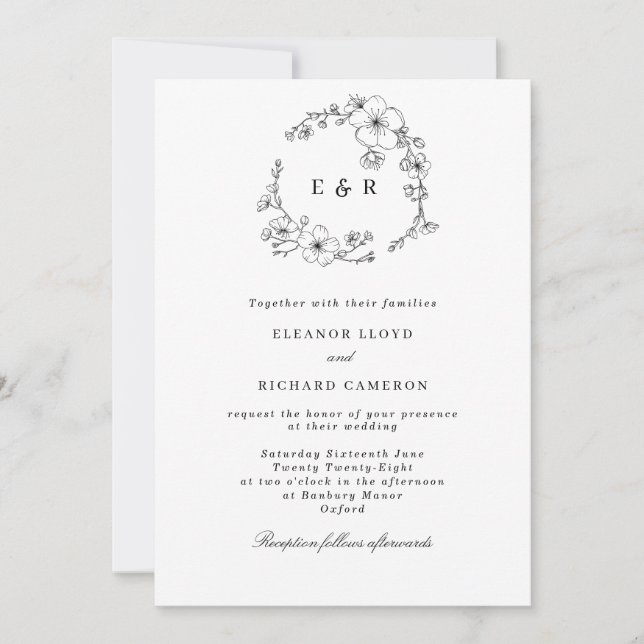 Black & White Floral Wreath Monogram Wedding Invitation (Front)