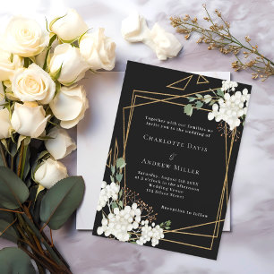 Black white florals gold geometric wedding invitation