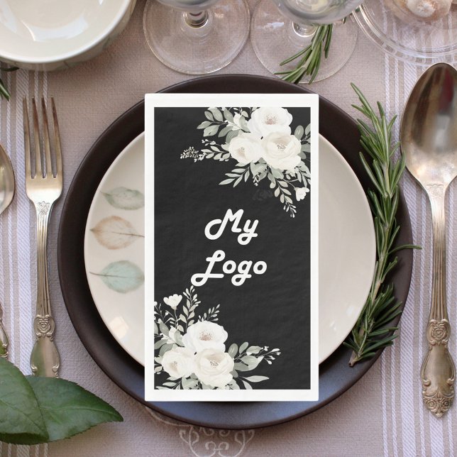 Black white florals navy blue business logo napkin (Creator Uploaded)