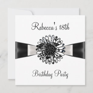 Black White Flower Bow 18th Birthday Party 2 Invitation