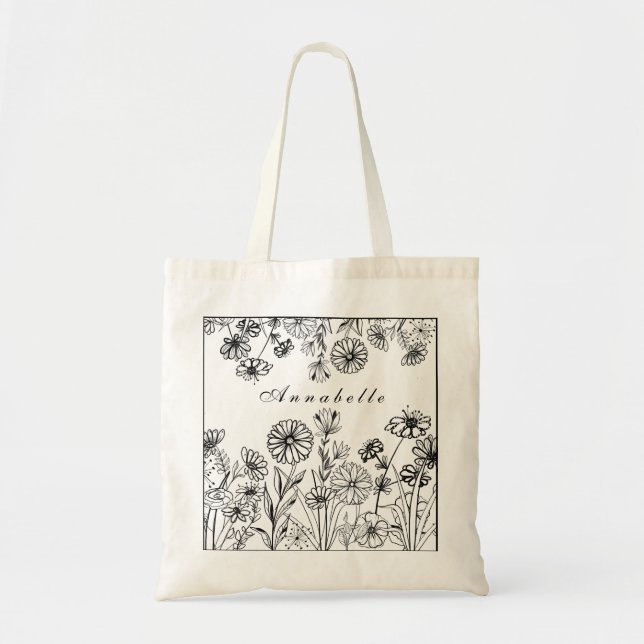 Black white flower garden graphic line art custom tote bag (Front)