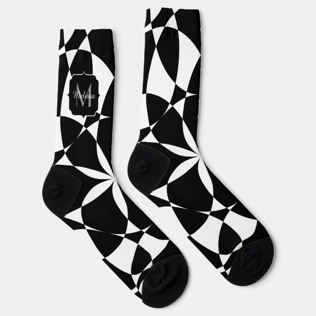 Black white flower mandala mosaic retro Monogram Socks (Right)
