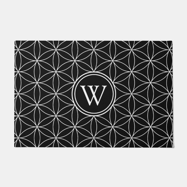 Black & White Flower of Life Monogram Doormat (Front)
