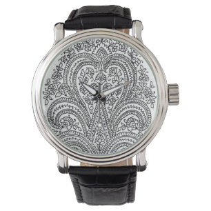 Black + White - Flower + Paisley Pattern - Watch