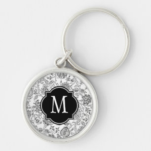 Black & White Flower Pattern Monogram Key Ring