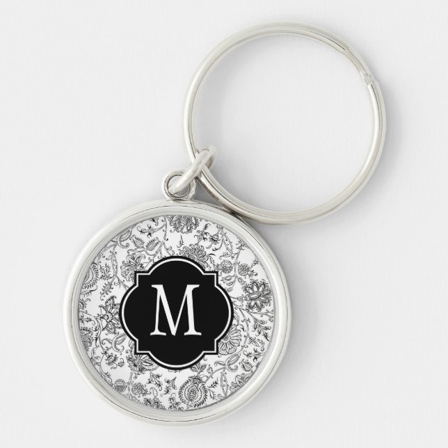 Black & White Flower Pattern Monogram Key Ring (Front)