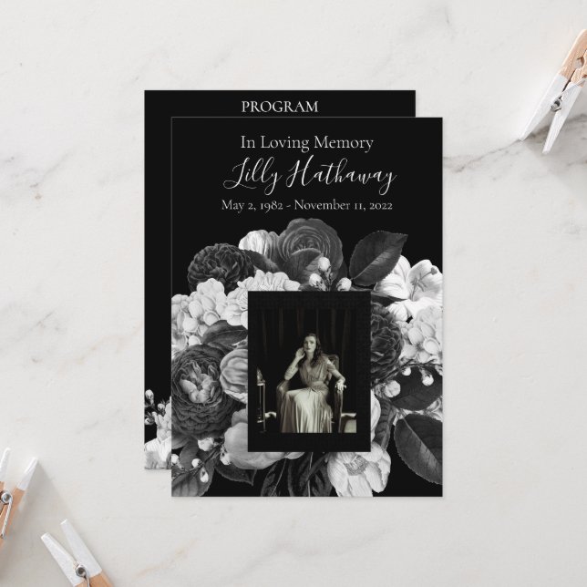 Black & White Flower Photo Funeral Program (Front/Back In Situ)
