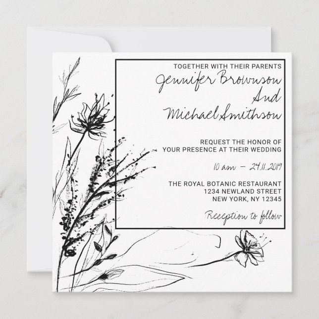 Black White Flower Sketch Botanical Invitation (Front)