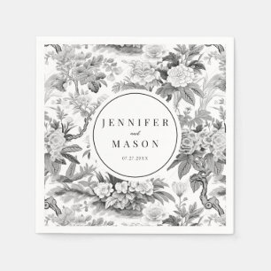 Black white flower wedding monogram paper napkins