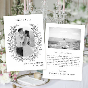 Black white flower wreath boho chic Wedding Photo Thank You Card