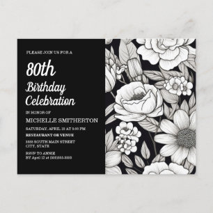 Black White Flowers 80th Birthday Invitation Postcard