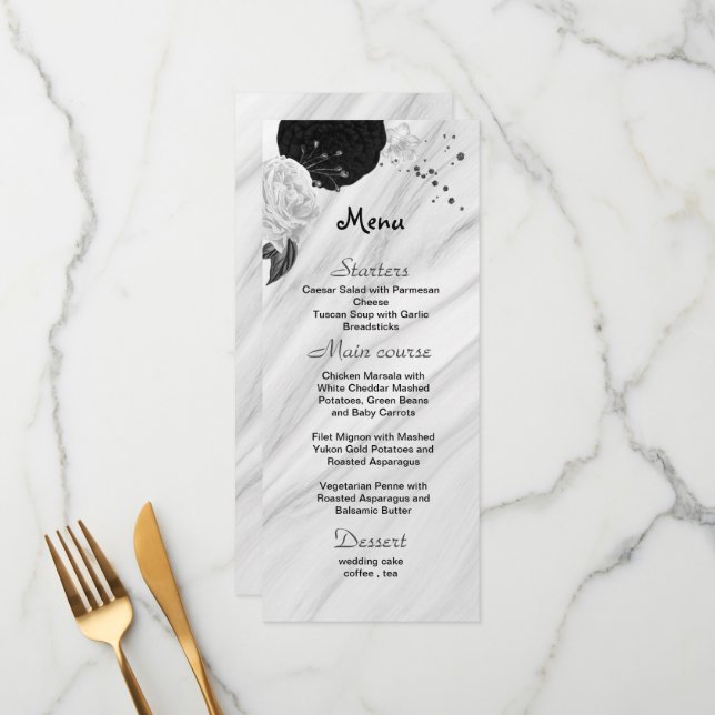 black & white flowers beautiful wedding  menu (Front/Back In Situ)
