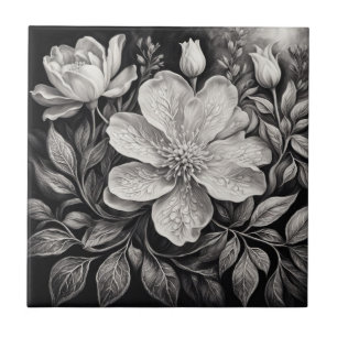 Black & White Flowers Ceramic Tile