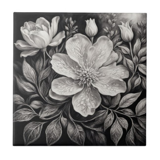 Black & White Flowers Ceramic Tile