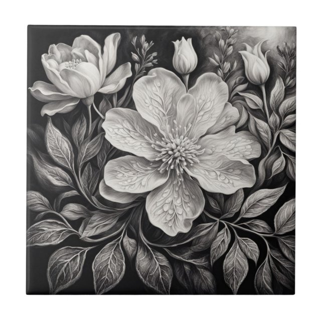 Black & White Flowers Ceramic Tile (Front)