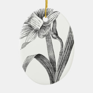 black white flowers daffodil vintage ceramic ornament