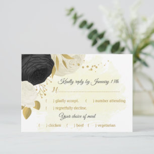 black & white flowers gold botanical meal choice RSVP card