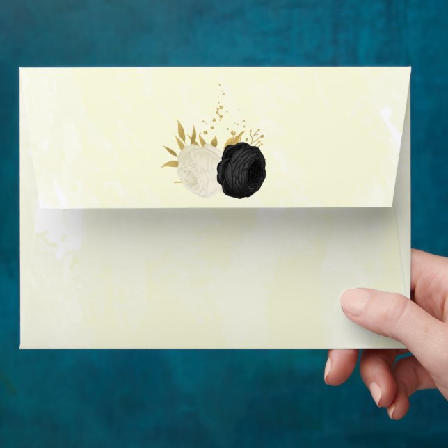 black & white flowers gold botanical wedding envelope (Hand)