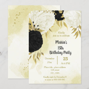 black white flowers gold leaves birthday  invitation
