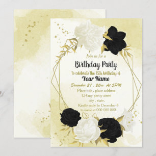 black white flowers gold leaves birthday  invitation