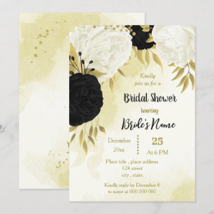 black white flowers gold leaves bridal shower invitation