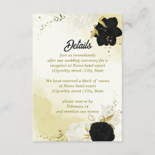 black white flowers gold leaves enclosure card