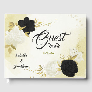 black white flowers gold leaves guest book
