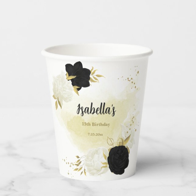 black white flowers gold leaves  paper cups (Front)
