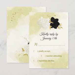 black white flowers gold leaves RSVP card