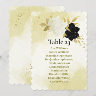 black white flowers gold leaves seating chart card