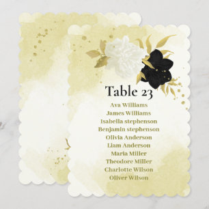 black white flowers gold leaves seating chart card