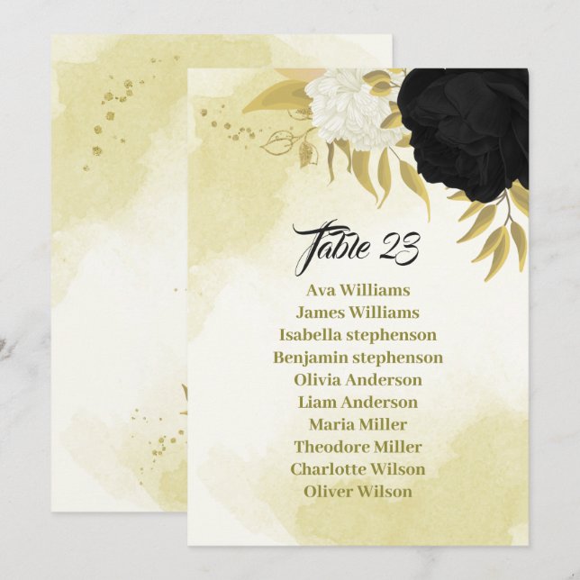 black white flowers gold leaves seating chart card (Front/Back)