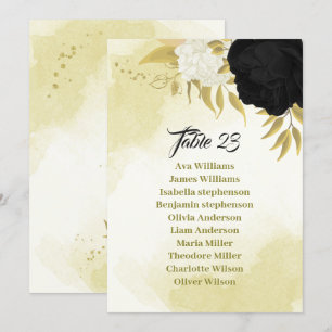 black white flowers gold leaves seating chart card