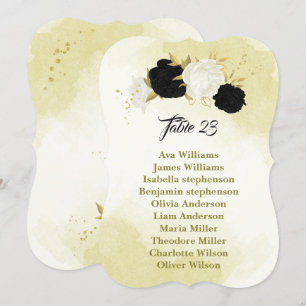 black white flowers gold leaves seating chart card