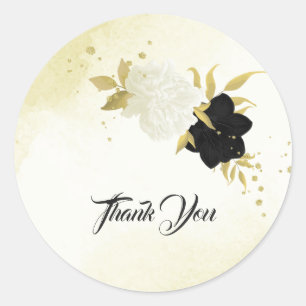 black white flowers gold leaves wedding classic round sticker