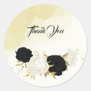black white flowers gold leaves wedding classic round sticker